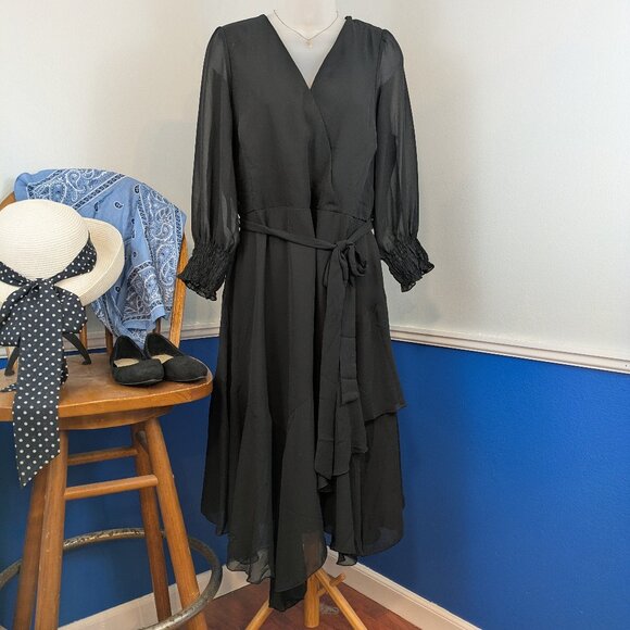 NWT NY Collection 3/4 Sleeve Belted Chiffon Handkerchief Hem Dress - Picture 1 of 11